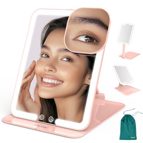 Mocado Travel Makeup Mirror with Light - 7x5 Inches Tripple Folding Travel Mirror with Light, 3 Colors Lighted Makeup Mirror, Portable Makeup Mirror, Freely Adjust Height and Angle(Pink) - color: Pink, size: 7.5"L x 5"W