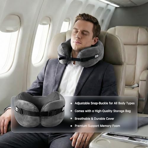 Neck Pillow Travel Pillow - 100% Pure Memory Foam Airplane Pillow with Adjustable Clasp & Removable Cover, Portable Travel Essentials for Long Flights, Car & Office (Dark Gray, with Eye Mask) - color: Dark Gray, With Eye Mask