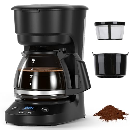 Electactic 5-Cup Programmable Drip Coffee Maker, a compact coffee machine with a digital clock and 24-hour programmable timer, featuring Auto Shut-Off, and a Removable Filter Basket for Home & Office. - color: Black