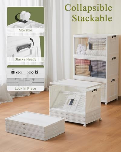 OlarHike 76QT Lockable Storage Bins with Lids - Folding Storage box with Doors & Wheels, Stackable Organizers, Collapsible Plastic Bins for Home, Closets, Office, Dorm, School, Gifts, 3 Pack Cubes - size: 76QT-White, style: 3Pack