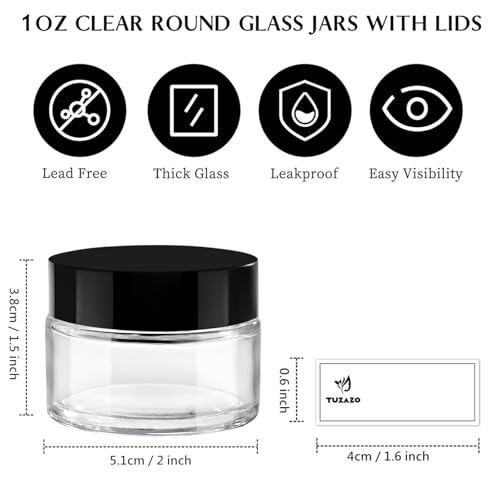 1 oz Glass Jars with Lids & Inner Liners, 4 Pack Small Glass Jars Thick Round Airtight Travel Containers for Cosmetics Cream Lotions Powders | Candle Making Jar - color: 1 oz Clear-Black Lid