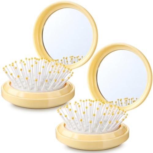 Boao 2 Pack Foldable Travel Mirror Hair Brushes Round Portable Folding Pocket Hair Brush Mini Comb Compact Travel Size Massage Comb for Men Women(Yellow,Round) - color: Yellow, style: Round