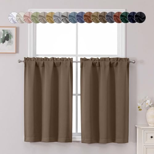 Chyhomenyc Brown Short Blackout Curtains 36 Inch Length, Small Kitchen Curtain Tier Rod Pocket Half Window Curtains for Bathroom Basement Cabinet Camper RV Bunk, 2 PCS, Each 30" Wx36 L - color: Brown, size: 30"W x 36"L (Pack of 2)