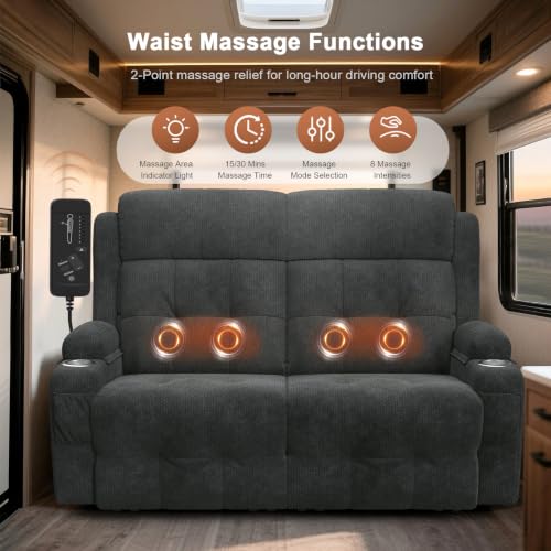 RV Loveseat Recliner Sofa, Reclining Loveseats Couch for RV Furniture, Home Theater Seating with Massage, USB, Insert Pockets, Cup Holders, 150° Wall Hugger RV Recliners Sleeper Sofa - color: Velvety Gray, size: Loveseat-G1