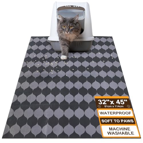 BEAUTYZOO Cat Litter Mat Large 32"x45" - Premium Waterproof Litter Trapping Mat with Non-Slip Backing, Cat Litter Box Mat Scatter Control for Floor, Machine Washable & Urine Proof, Soft for Kitty Paws - color: Curvilinear Silhouettes, size: L: 32x45 inch