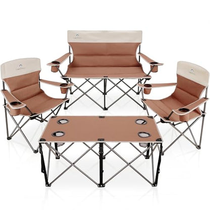 Camping Chair Set of 3, Outdoor Folding Camping Chairs for Heavy People with Cup Holder & Carry Bag,Collapsible Chair Include One Sofa Chair and Two Single Chair,Support up to 500lbs - color: Moca-4pcs