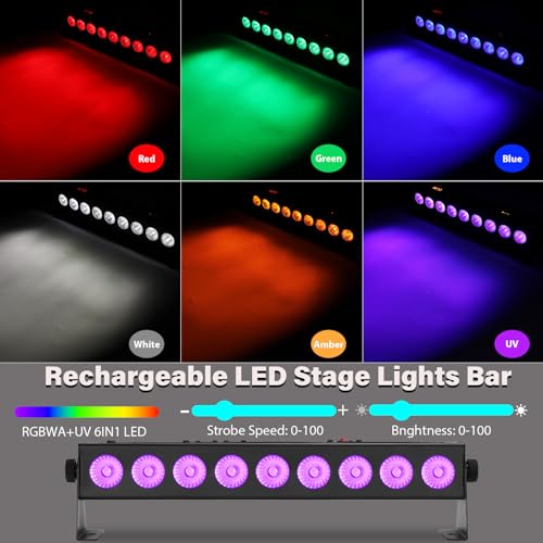 Rechargeable Stage Lights Bar,2Pack 9 LED RGBWA+UV Battery Powered DJ Light Strip Built-in 5200mAh Battery Remote Control DMX512 Sound Activated Uplights for Church Events Wedding Disco Party