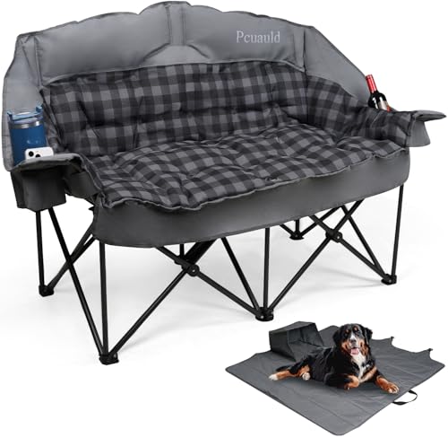 Double Camping Chair Padded Loveseat Camping Couch, Oversized 2 Person Camp Chairs with 2 in 1 Carry Bag, Heavy Duty Folding Lawn Chair Sofa with Cup Holders for Adults Patio Backyard Beach, Gray - color: Gray