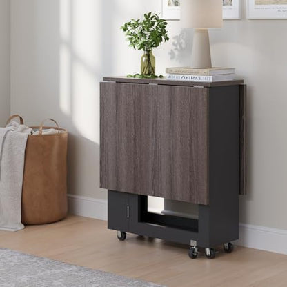 LotFun Folding Dining Table with 2 Storage Racks, Space Saving Dining Table with 6 Wheels, Kitchen Table for Small Spaces - color: Grayish Black + Gray Wood Grain
