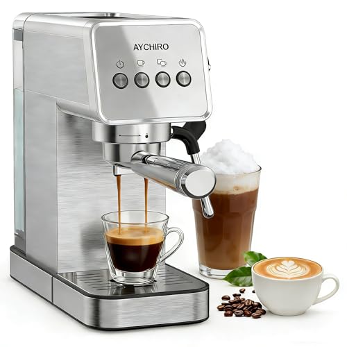 AYCHIRO 20 Bar Espresso Machine, Professional Espresso Machine with Milk Frother, Compact Espresso Maker for Cappuccino and Latte, Removable Water Tank and Drip Tray - color: SS-Silver