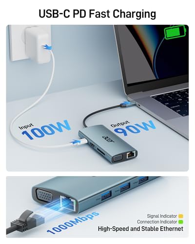 Acer USB C Hub with 4k HDMI, 9-in-1 USB C to Ethernet Adapter, 5Gbps USBA 3.0 Docking Station, VGA Splitter, SD Card Reader, PD 100W Charging for MacBook, Acer, Laptops, Surface and More