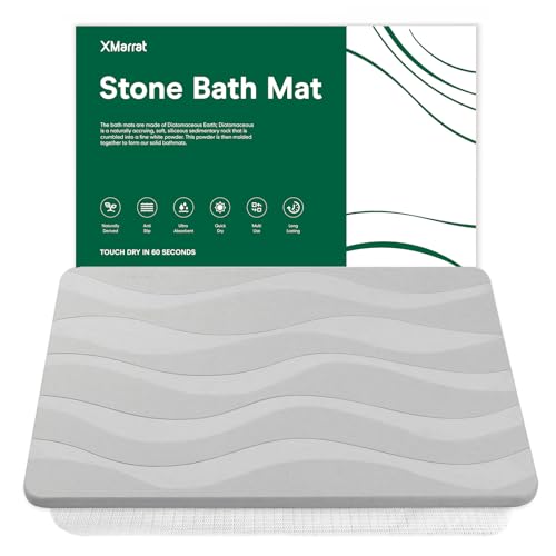 XMarrat Stone Bath Mat, 23.6'' x 15.4'' Super Absorbent Diatomaceous Earth Bath Mat Large, Quick Drying Non-Slip Diatomite Stone Bath Mats for Bathroom, Easy to Clean (Light Gray) - color: Light Grey Wave, size: 23.6" x 15.4" (Rectangular)