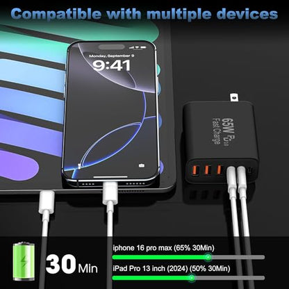 65W USB C Charger Block,6-Port Multi Device Fast Charger PD QC Wall Adapter | GaN technology saves space and reduces heat,ideal for home,office,travel,wide compatibility for iphone and USBC devices（Black - color: Black