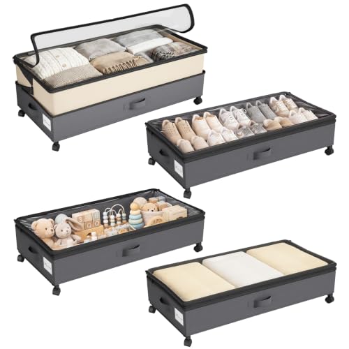 Kitstorack 4 Pack Height-adjustable Under Bed Storage with Wheels, Under Bed Storage Containers,Under Bed Shoe Storage Organizer with Clear Window&Label, Suitable for Clothes Storage, Beige & Gray - color: Beige & Gray, size: 4 Pack
