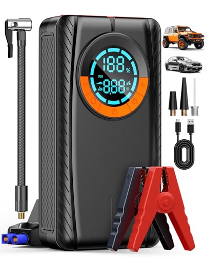 Jump Starter with Air Compressor, Car Battery Jump Starter (8.0 Gas/7.0L Diesel), Battery Jumper Starter Portable Jump Box, 12V Portable Car Jump Starter with Tire Inflator, LED Light (Classic)