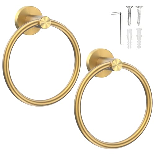 SetSail Towel Holder for Bathroom Wall Gold Towel Ring Stainless Steel Hand Towel Holder for Bathroom, Kitchen Drill Hole, 2 Packs - color: Brushed Gold, size: 2 packs