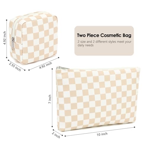 Fammart Checkered Makeup Bag, Travel Cosmetic Bag Organizer Toiletry Bag Make Up Bags with Zipper & Compartments for Women Girls, 2PCS - color: Checkered, 2PCS - Khaki