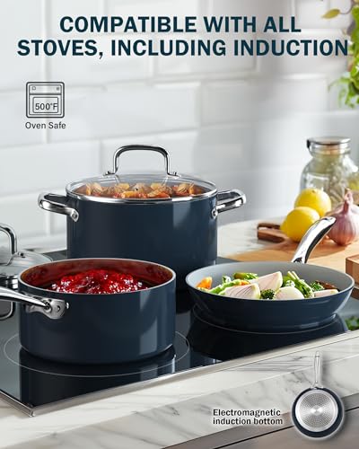 Cook N Home Classic Nonstick Cookware Set, Pots and Pans Cookware Set with Glass Lids and Comfortable Handles, Induction Compatible, 10-Piece, Blue - color: Blue