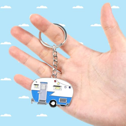Thinp 2 Pieces Camper Keychain, RV Camper Keyring Accessories for Travel Trailers Enameled Metal Retro Camping Car Keychain - color: Blue+red