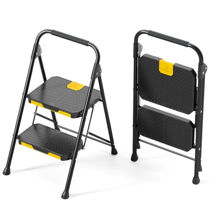 KINGRACK 2 Step Ladder, Sturdy Steel Step Stool with Safe-Lock Design, Handrail, Anti-Slip Wide Pedals, Pass 800lbs Load Testing, Folding Portable Ladder for Multi-Purpose, Home, Kitchen, Black - size: 2-Step