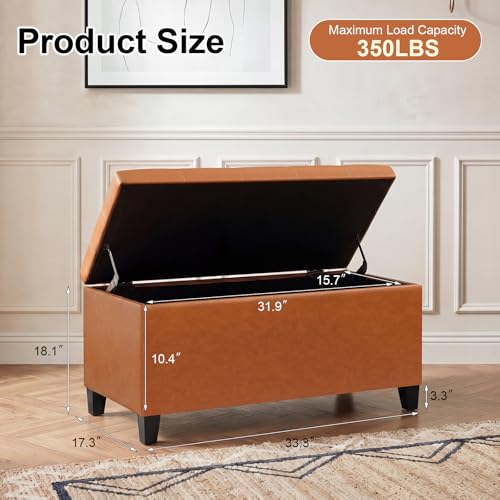 Asense Storage Ottoman Bench, 33" Faux Leather Upholstered End of Bed Bench with Safety Hinge,Wooden Legs,for Entryway Bedroom Living Room - color: 33" Brown Faux Leather