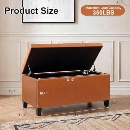 Asense Storage Ottoman Bench, 33" Faux Leather Upholstered End of Bed Bench with Safety Hinge,Wooden Legs,for Entryway Bedroom Living Room - color: 33" Brown Faux Leather