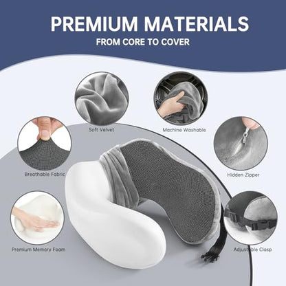 Neck Pillow Travel Pillow - 100% Pure Memory Foam Airplane Pillow with Adjustable Clasp & Removable Cover, Portable Travel Essentials for Long Flights, Car & Office (Light Gray) - color: Light Gray