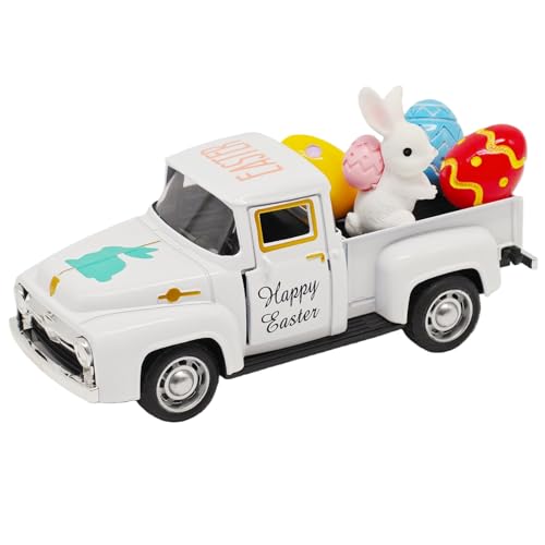 Easter Decorations - Mini Farmhouse Vintage Metal Truck with Easter Eggs & Bunny, White Spring Farm-Style Pickup Decor for Table Tiered Tray Home Kitchen Office Keepsake Gifts - color: Easter-white