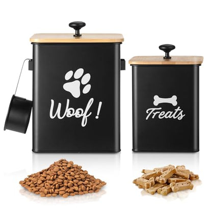 Dog Treat Containers Set of 2, Dog Food Storage Containers with Airtight Lids, Metal dog treat jars for Kitchen Countertop, Pet Food Canister Keep Snack Fresh, 5.9"×5.9"×7.1", Black - size: 5.9*7.1&4.9*6.1