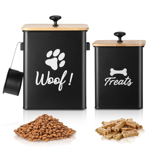 Dog Treat Containers Set of 2, Dog Food Storage Containers with Airtight Lids, Metal dog treat jars for Kitchen Countertop, Pet Food Canister Keep Snack Fresh, 5.9"×5.9"×7.1", Black - size: 5.9*7.1&4.9*6.1