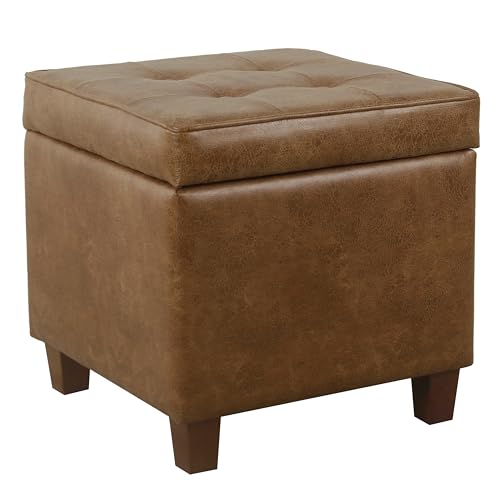HomePop Square Tufted Storage Ottoman - Distressed Brown Faux Leather Small - color: Light Brown