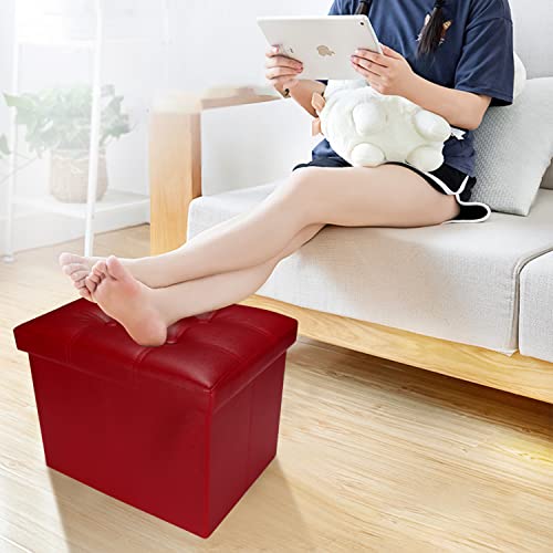 Bsketa Storage Ottoman, Folding Foot Stool with Thicker Foam Padded Seat Small Leather Storage Ottoman Bench Foot Rest for Living Room Foldable Coffee Table 17x13x13in,Red - color: Red