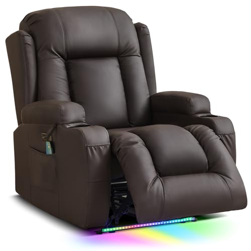 TUNYI Power Recliner Sofa with Massage & Heat Home Theater Seating with Console RV Recliner Sofa with USB/Storage/Side Pocket/LED Light/Speaker (Brown, 1PC) - color: Brown, size: 1 Seat