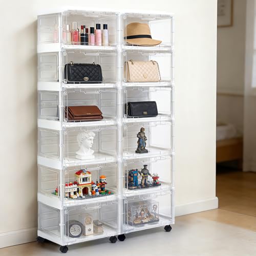 SAYMA LED Shoe Storage Box, Clear Shoe Storage Organizer with Magnetic Door, Stackable Plastic Shoe Cabinet with Wheels, Foldable Shoe Rack for Closet, Easy Assembly Shoe Cabinet for Entryway - size: 6 Tiers with Light