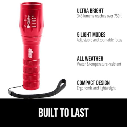 GORILLA GRIP Powerful LED Tactical Flashlight, 750 FT High Lumens 5 Adjustable Modes, Water Resistant, Ultra Bright Zoom Flashlights, Small Mini Flash Light, Camping, Night Dog Walking, Red - color: Red