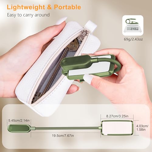 Gritin 16 LED Rechargeable Book Light for Reading in Bed- Eye Caring 3 Color Temperatures, Stepless Dimming Brightness, 80 Hrs Runtime, Lightweight Flexible Clip on Light for Book Lovers-Dark Green | Eye Caring 3 Color Temperatures, Stepless Dimming Brigh