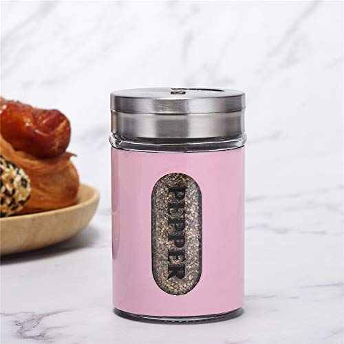 Salt and Pepper Shakers Stainless Steel and Glass Set with Adjustable Pour Holes (Pink) - color: Pink