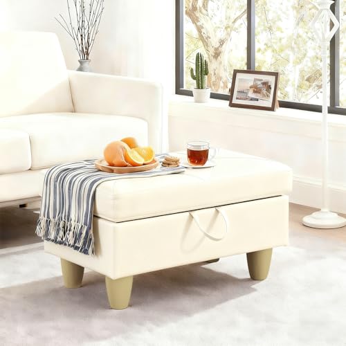 Leather Storage Ottoman Footstool Bench for Living Room Furniture,28.5" Large Square Foot Rest Stool Coffee Table,Leather Sofa Chair for Home Decor,Living Room,Bedroom,Apartment,Rv Car(Cream) - color: Cream 28.5