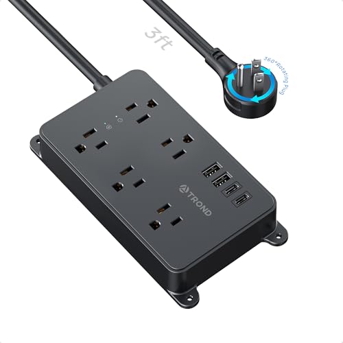 TROND 360° Rotating Flat Plug Power Strip, 3ft Extension Cord, 5 Widely-Spaced Outlets with 2 USB A and 2 USB C, ETL Listed, Wall Mountable, 1300J Surge Protector, for Home Office, Black - color: Black, size: 3ft, style: 5 Outlets - with Rotating Plug