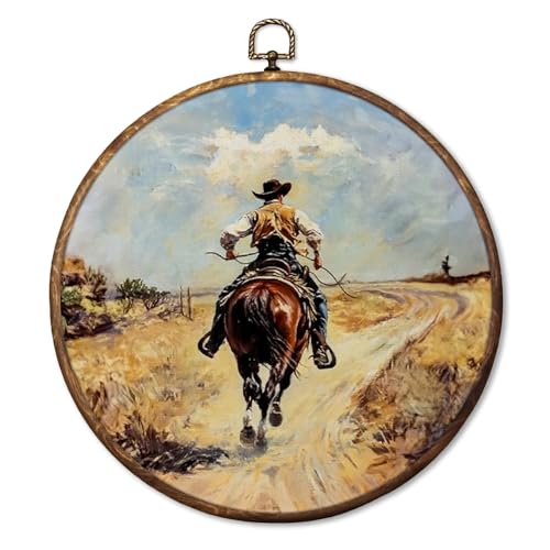 HUGANE Rustic Western Cowboy Round Wall Art Decor, Retro Countryside Horse Riding Cowboy Western Hanging Canvas Framed Prints Wall Sculptures for Home Living Room Office Decor, 10x10 Inch - color: Colour-1