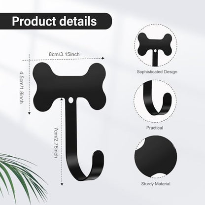 Hotop 8 Pieces Dog Bone Shaped Wall Hook Stainless Steel Leash Mounted Hanger Hooks with Nail for Coat, Key, Entryway, Hallway, Kitchen, Office Decoration(Black)
