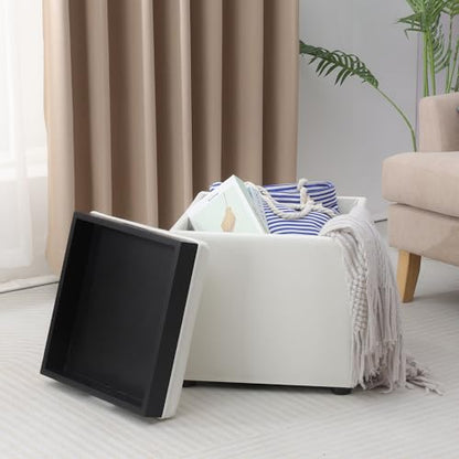 Adeco 17" White Storage Ottoman Cube with Tray Lid, Small Footstool with Storage, Square End Table for Living Room & Bedroom - color: White Leather With Tray