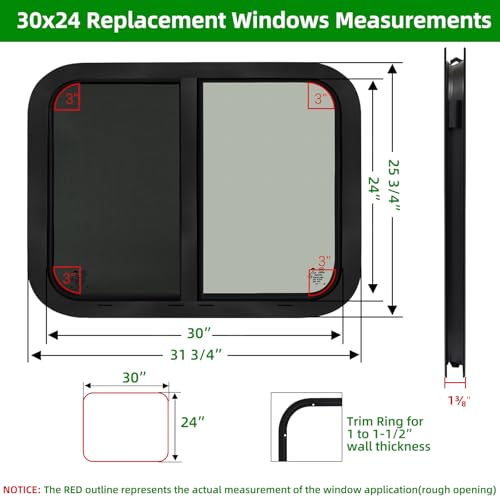 RV Window for Cargo Trailer,30"W x 24"H RV Window Replacement for Camper Travel Trailer Cargo Van,Horizontal Sliding with Trim Ring Fit 15/16" or 1-3/8" Thick Wall,Allow Error 1/16",DOT Approved - size: 30"W x 24"H