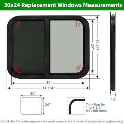 RV Window for Cargo Trailer,30"W x 24"H RV Window Replacement for Camper Travel Trailer Cargo Van,Horizontal Sliding with Trim Ring Fit 15/16" or 1-3/8" Thick Wall,Allow Error 1/16",DOT Approved - size: 30"W x 24"H