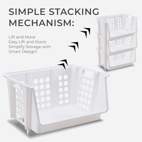 Large Stackable Storage Bins Open Front for Pantry Storage, 4 Pack - White | Sturdy Plastic, Easy Stacking, Open Front Access, Ventilated Sides, Vertical & Space Saving Pantry Organizers and Storage Bin