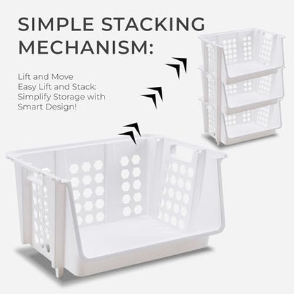 Large Stackable Storage Bins Open Front for Pantry Storage, 4 Pack - White | Sturdy Plastic, Easy Stacking, Open Front Access, Ventilated Sides, Vertical & Space Saving Pantry Organizers and Storage Bin