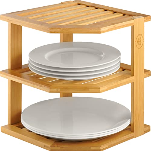 Bambüsi Plate Organizer for Cabinet - 3 Tier Bamboo Corner Cabinet Organizer Shelf for Plates Bowls Mugs Cups, Kitchen Cabinet Organizer, Cabinet Shelf Organizer, Countertop Rack, 10 x 10 x 9.5 Inch - color: Bamboo
