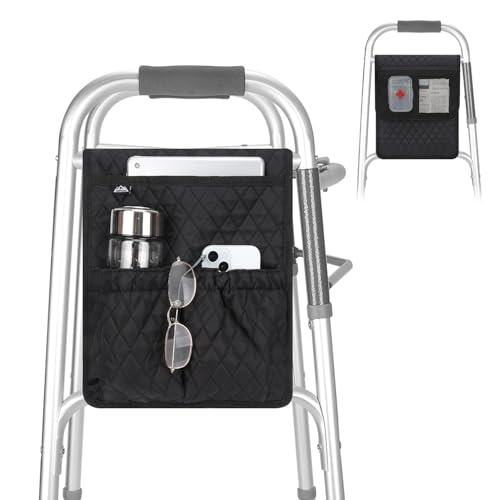 supregear Walker Bag, Lightweight Storage Pouch for Rollators, Wheelchairs and Bedside Rails, Universal Caddy Organizer with Multiple Pockets, Easy Attach, Black - color: Black