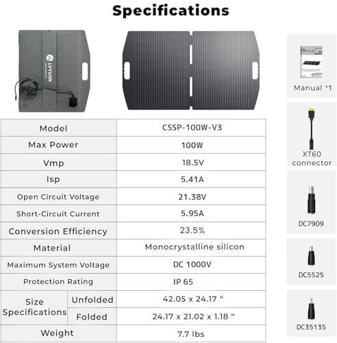 LVYUAN 100W Portable Solar Panel for Power Station, Foldable Solar Panel 23.5% Mono Cell with ETFE, IP65 P-PERC with 4-in-1 Adapter Battery Charger for Outdoor Camping Van RV Trip - size: 100 Watt Folding Solar Panel