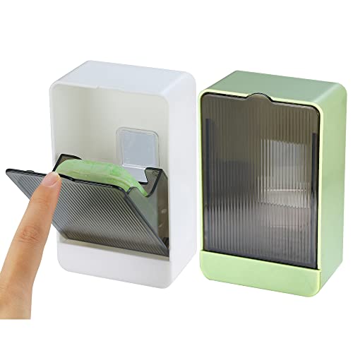 HANCELANT Bathroom Soap Dishes, 2 Pack Bar Soap Holder with Drain Wall Mounted Soap Box for Shower, Bathroom, Kitchen Sink, Keep Soap Bars Dry, Waterproof Dustproof, No Drilling, Adhesive Include - color: White+green
